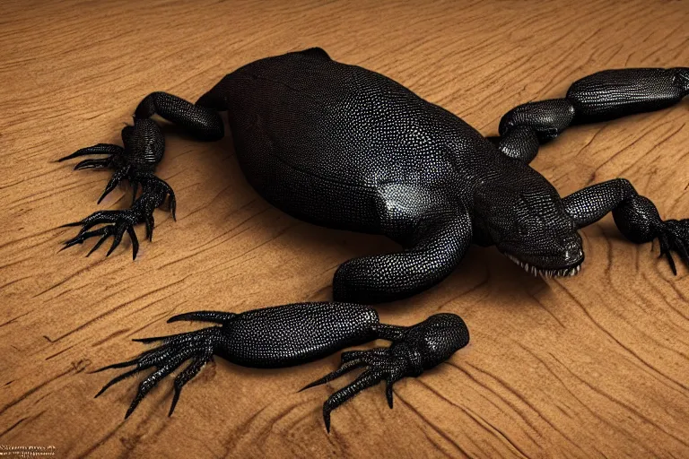 Image similar to octane render of a black lizard with 6 legs, sitting on wood, ambient lighting, intricate light, detailed, hyper realistic