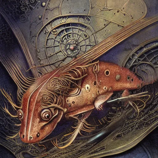 Image similar to steampunk axolotl, masterpiece, intricate, elegant, highly detailed, digital painting, smooth, sharp focus, illustration, art by james gurney, graeme base, brian froud, alan lee