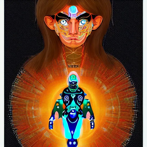 Prompt: portrait of a future metaverse cyborg tech shaman warrior, 2D cartoon, flat cartoony, visionary art, symmetric, Magick symbols, holy halo, shipi bo patterns, sci-fi