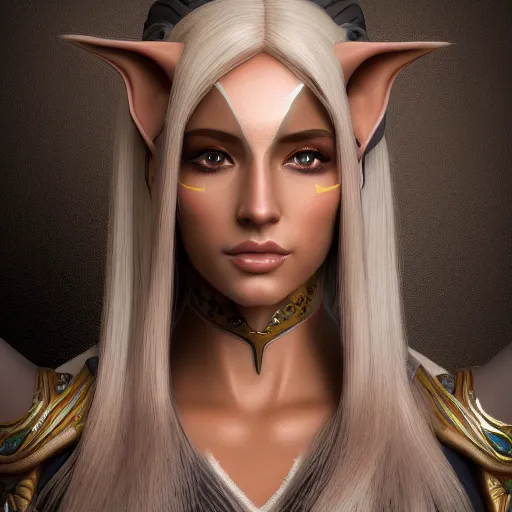 Image similar to portrait of a beautiful female high elf with tan skin, 3 d octane render trending on art station 8 k