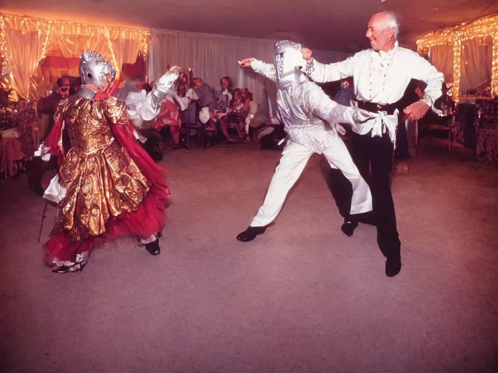 Image similar to a couple of grandparents of 1 0 0 years old wearing knight iron costume and dancing, kodachrome, backlight, add a glow around subj. edge, in twin peaks, 1 9 9 0 s