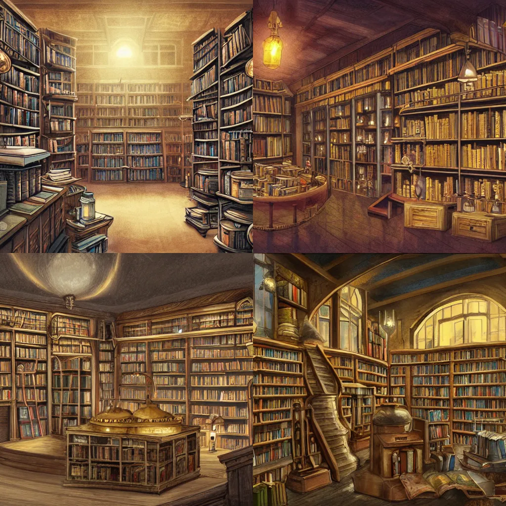 Prompt: Magical library and apothecary, concept art, establishing shot, golden books