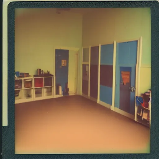 Image similar to polaroid photo!! of a empty daycare, flash photography, unnatural lighting, uncanny, colored photograph