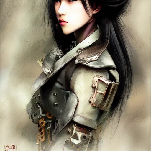 Image similar to portrait of a girl by ayami kojima, mixture between japanese and russian, she is about 2 0 years old, messy black bob hair, very tall and slender, she is wearing a steampunk tactical gear, highly detailed portrait, digital painting, artstation, concept art, smooth, sharp foccus ilustration, artstation hq