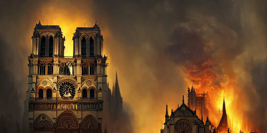 Image similar to Notre dame burning and crumbling, by Andreas Rocha + Ted Nasmith, dark, cinematic lighting, masterpiece, highly detailed, 8k resolution, trending on art station