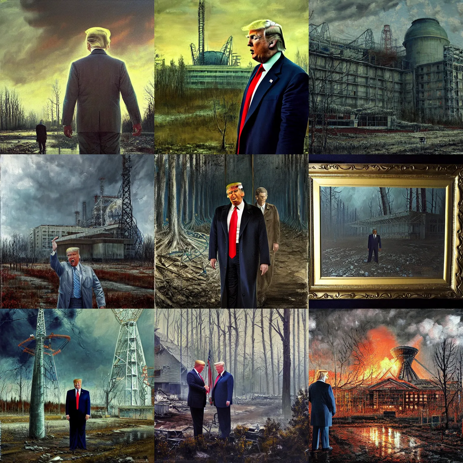Prompt: donald trump at chernobyl, nuclear horror painting, highly detailed, sharp focus, matte painting, by isaac levitan and asher brown durand,