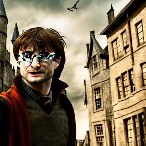 Prompt: Daniel radcliffe as harry potter, epic wide shot, cinematic shading, widescreen, motion blur, warm colors, directed by Christopher Nolan and Asher Duran