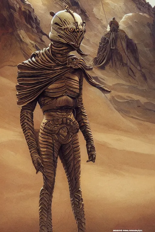 Image similar to dune themed brutal sardaukar warrior, desert breathing armor, graffiti, sketch by sachin teng, moebius, artgerm, michael cheval, esao andrews, francois boucher, masterpiece, intricate organic painting, matte painting, hard edges, highly detailed, cinematic lighting character art movie poster by drew struzan