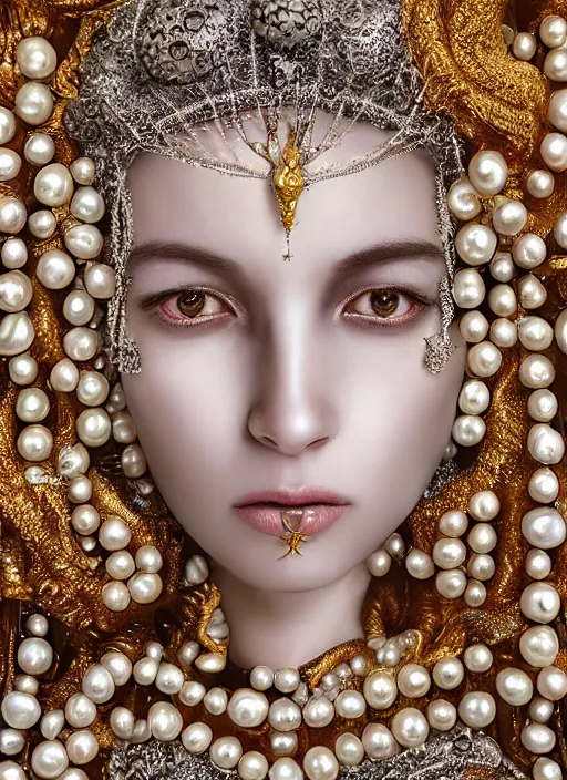 Image similar to hyperrealism, detailed textures, award winning autochrome photo, symetrical alien pearl medusa queen autochrome pearl portrait, pearl silverplate, intricate, detailed facial pearl animal mask, pearl, golden jewelery, silverplate, ultra realistic, cinematic, intricate, cinematic light by steve mccurry, unreal engine 8 k