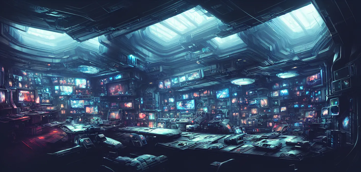 Image similar to a hyper detailed octane render concept art by xision wu, kerem beyit, sandara tang portrait of cyberpunk panel control spaceship room, dim lighting, detailed portraits, unreal engine 5, highly rendered, digital painting, hyper realistic, photo realistic, artstation, concept art, smooth, sharp focus perfect horizontal, symmetry illustration, detailed and intricate environment artstation hq