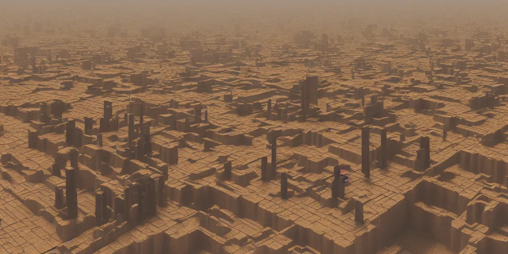 Prompt: ancient urban city super wide aerial view, building, desert, temple, cinematic composition, mist, obscure render light dark, blade runner 2 0 4 9