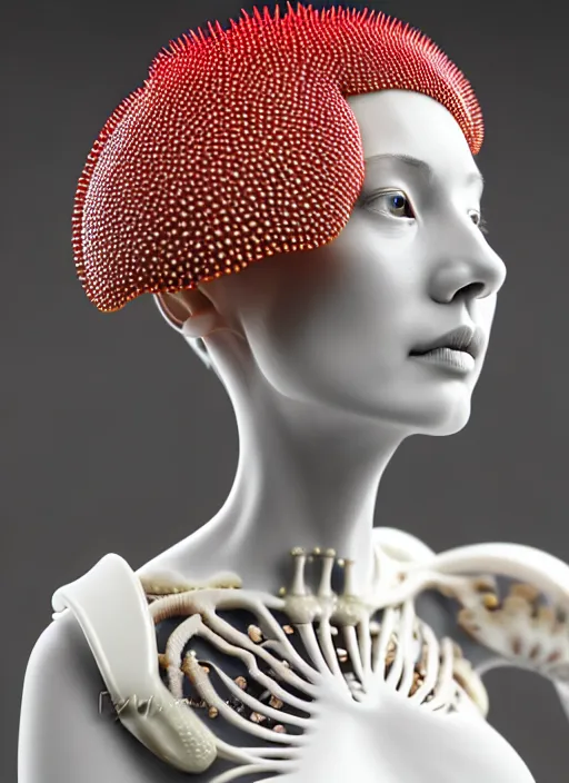 Prompt: intricate hyper detailed ultra sharp focus front shot 3 d render of a beautiful porcelain ivory woman, sharp focus, close - up, f 2. 8 1 5 0 mm natural light, elegant bionic haute couture cyberpunk mechanical red fractal mushroom corals, white mycelum and fungi head ornaments, alexandre ferra, octane render, volumetric cinematic lighting, 8 k,