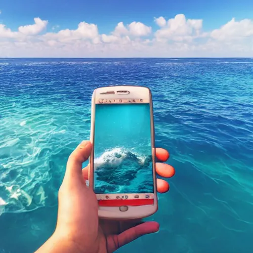 Image similar to hand holding a phone in the middle of the sea