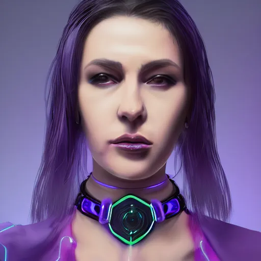 Image similar to headshot artwork of a cyberpunk woman wearing thick steel choker around neck, 4K, detailed face, collar on neck, realistic, artstation, neon purple, purple,