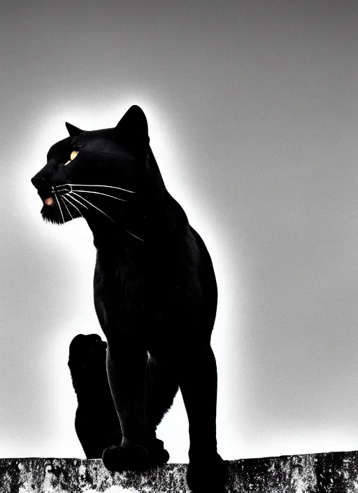 Prompt: two black panthers black and white portrait white sky in background