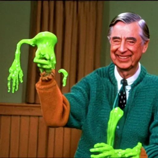 Prompt: mr. rogers proudly displaying an extremely disturbing horror puppet dripping with slime, color screengrab, 4 k