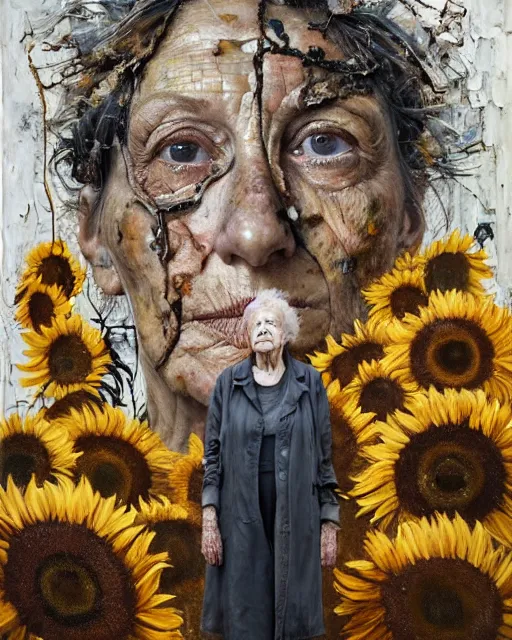 Prompt: a full length portrait of a very ordinary old woman with a blank expression, Anselm Kiefer and Lucian Freud and Jenny Saville, oil painting, rust, Scaffolding, rusted metal and sunflowers, iron cladding, decay, mixed media, textured, anatomically correct, beautiful perfect face, visible brushstrokes, sharp focus, Highly Detailed, Cinematic Lighting, 8k, HD