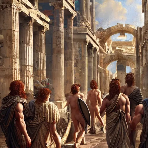 Prompt: greek gods walking around in ancient constantinople, oil on canvas, trending on artstation, cinematic composition, insanely detailed, hd