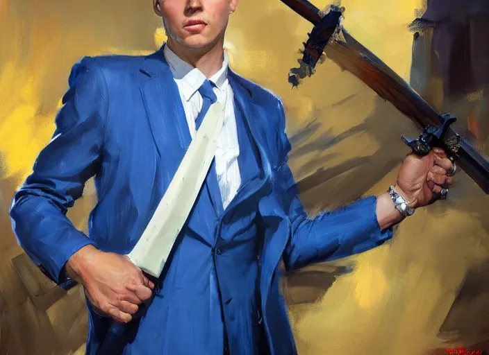 Image similar to greg manchess portrait painting of a blond man in a blue suit with a sword and a pistol, asymmetrical, profile picture, organic painting, sunny day, matte painting, bold shapes, hard edges, street art, trending on artstation, by huang guangjian, gil elvgren, ruan jia, randy vargas, greg rutkowski