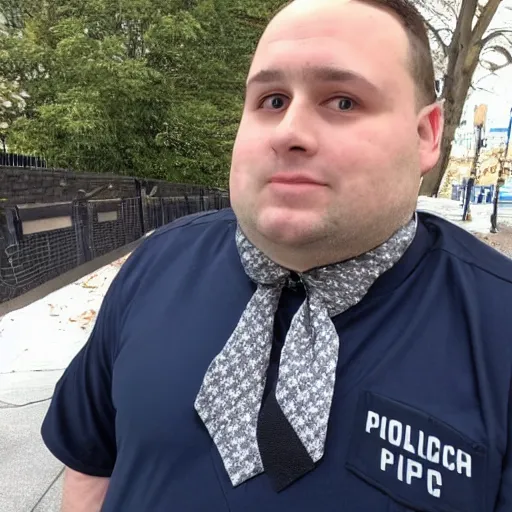 Image similar to clean - shaven chubby chubby chubby 3 2 year old caucasian man from uk. he is wearing navy police sweater and necktie and black boots and police helmet. he is making a youtube apology video