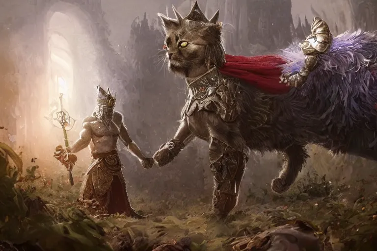 Image similar to a muscular tunesian man wearing shrubbery armor fighting a fluffy cat king with a crown and a scepter and cape, fantasy, digital painting, volumetric light, intricate, sharp, focus, bloom, illustration, highly detailed, concept art, matte, ruan jia, randy vargas, greg rutkowski