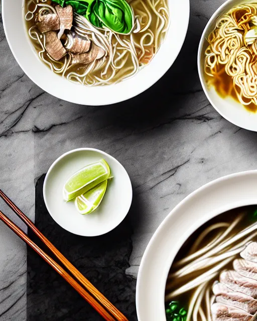 Image similar to realistic photo of delicious pho, ramen, bowl, white kitchen table, ( cloth ), marble, thai basil, highly detailed, by louise lister, sara ali, mary devinat, kailee mandel, masterpiece, award winning, food photography