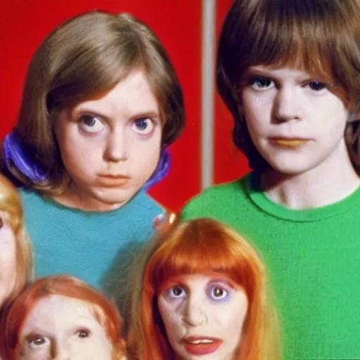 Image similar to still from 1978 live-action children's tv show about a woman who enters an eyeball cult color