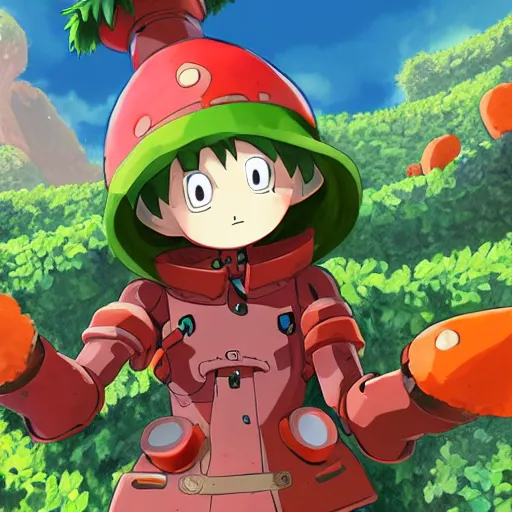 Image similar to cute human robot with big tomato hat and a carrot sword, made in abyss style