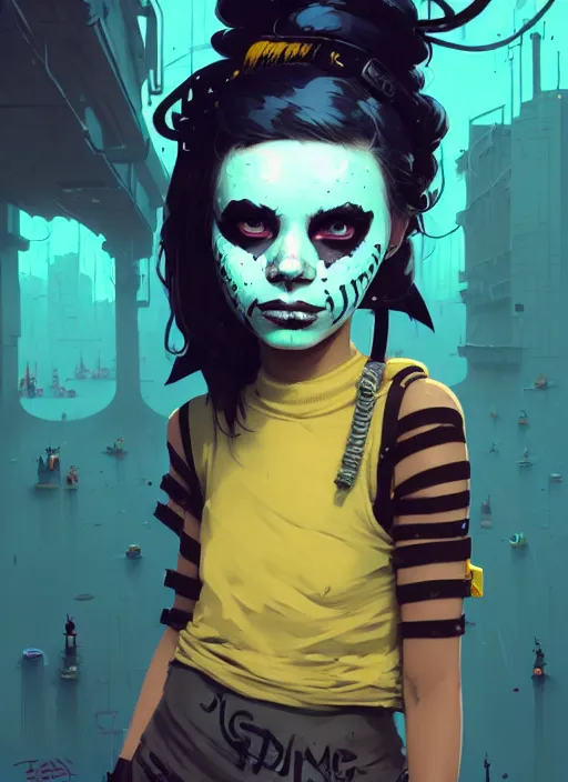 Image similar to highly detailed portrait of a sewer punk young lady with white graffiti face paint by atey ghailan, james gilleard, by joe fenton, by greg rutkowski, by greg tocchini, by kaethe butcher, 4 k resolution, gradient yellow, black, brown and cyan color scheme, grunge aesthetic!!! ( ( dystopian graffiti tag wall in background ) )