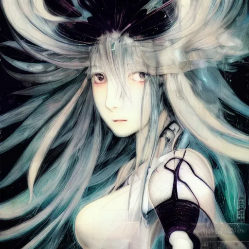 Image similar to Yoshitaka Amano blurred and dreamy illustration of an anime girl with black eyes, wavy white hair fluttering in the wind wearing Elden ring armour with cloack with folds, abstract black and white patterns on the background, reflection in a broken mirror, noisy film grain effect, highly detailed, Renaissance oil painting, weird portrait angle, blurred lost edges, three quarter view