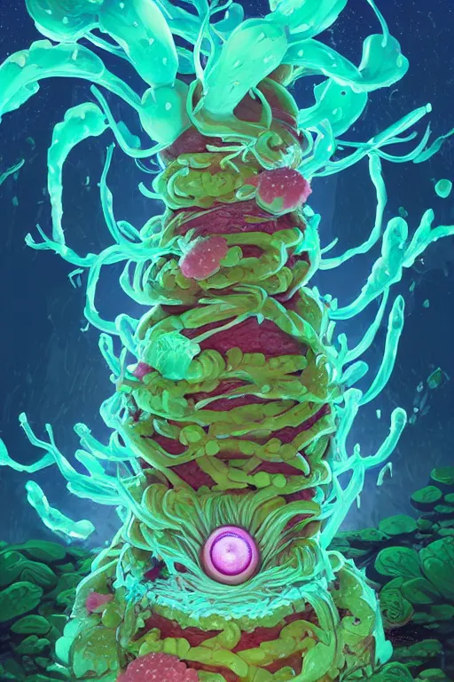 Image similar to roots cactus sushi cristal smurf ghost creature animal sushi cristal very big eye roots cactus elemental flush of force nature micro world fluo fishscale, behance hd by jesper ejsing, by rhads, makoto shinkai and lois van baarle, ilya kuvshinov, rossdraws radiating a glowing aura global illumination ray tracing hdr