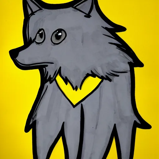 Image similar to lineart of a silly grey wolf wearing a yellow raincoat