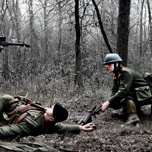 Image similar to ww 2 battlefield encounter in the woods between a german and a soviet soldier