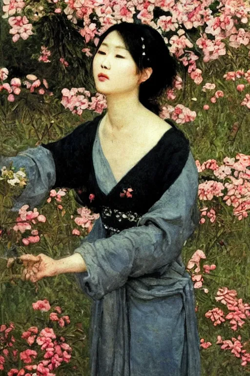 Image similar to close - up fashion asian woman portrait airy flowers sacura cloudy sky art by vasnetsov