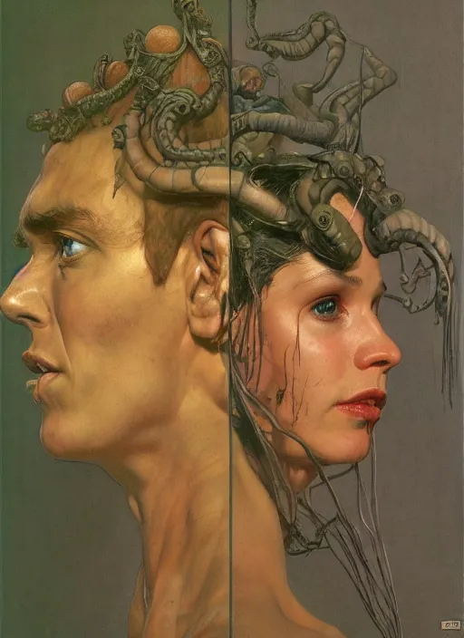 Image similar to upper body and head portrait of a gorgon in victorian living room, by lawrence alma-tadema and zdzislaw beksinski and norman rockwell and jack kirby and tom lovell and greg staples, artstation creature art