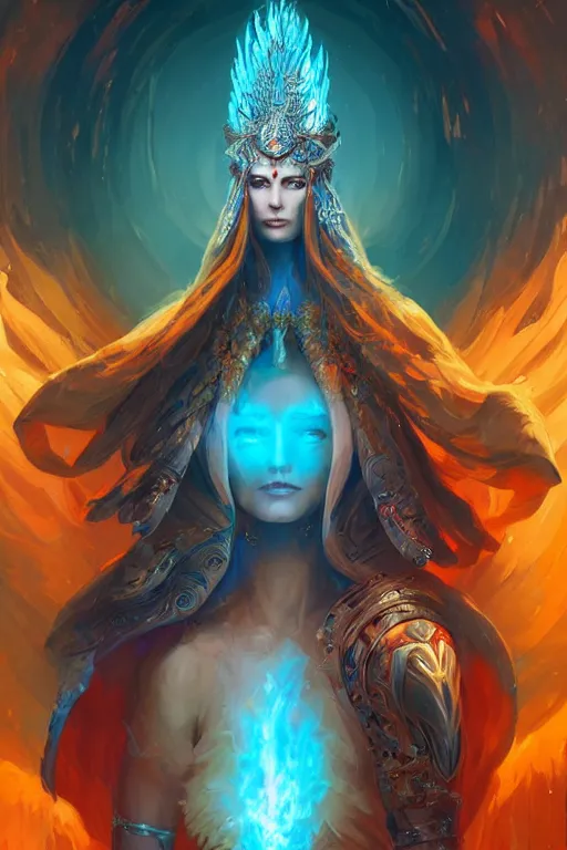 Image similar to beautiful ageless goddess of fire and ice wearing an elaborate costume and headdress, grimdark fantasy, detailed matte painting by Brom and Alena Aenami and Peter Mohrbacher, bokeh, Artstation, cinematic gel lighting, rainbow aventurescence