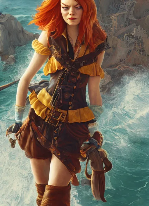 Image similar to emma stone is a pirate captain, hyper detailed, digital art, trending in artstation, cinematic lighting, studio quality, smooth render, unreal engine 5 rendered, octane rendered, art style by klimt and nixeu and ian sprigger and wlop and krenz cushart.