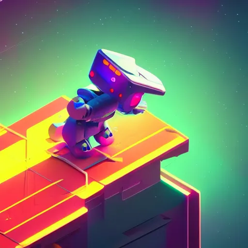 Prompt: isometric cat robot floating in space, 3D character realistic, very colourful, cinematic lighting, soft neon, octane render, trending on Artstation