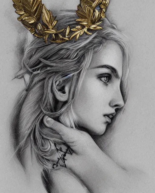 Image similar to front view of beautiful aphrodite greek goddess wearing a gold laurel wreath and triangle earrings, realism tattoo sketch, beautiful piercing eyes with sharp pupils, beautiful blonde hair, in the style of greg rutkowski, fantasy, amazing detail, epic, elegant, smooth, sharp focus