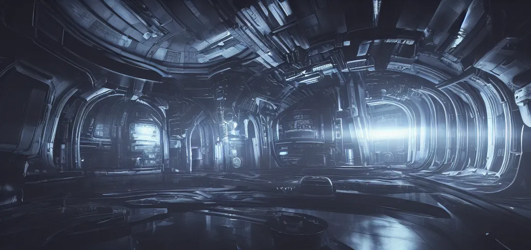 Prompt: dramatic render of interior of dark futuristic spaceship engine room at night, only light source is the large neon battery in the centre, ambient occlusion, raytracing, unreal engine,, detailed, 3 d artstation by h. r giger