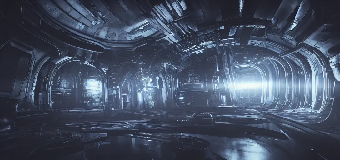 Image similar to dramatic render of interior of dark futuristic spaceship engine room at night, only light source is the large neon battery in the centre, ambient occlusion, raytracing, unreal engine,, detailed, 3 d artstation by h. r giger