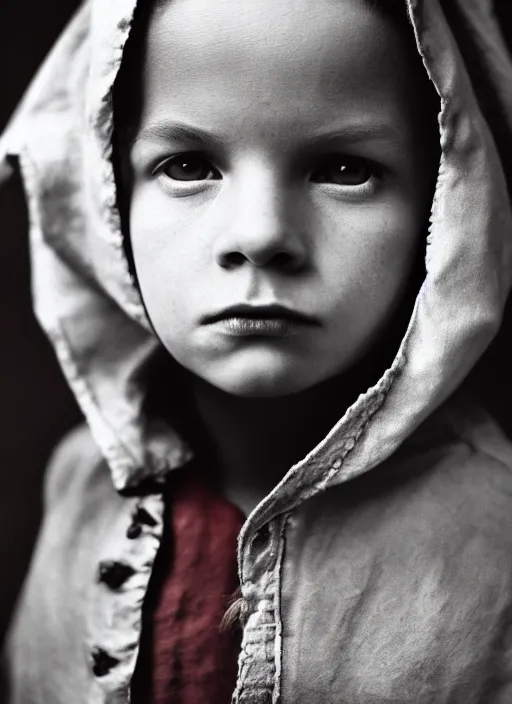 Prompt: a highly detailed cinematic headshot portrait color photograph of a young boy dressed like little red riding hood, ultra realistic, depth, beautiful lighting, by richard avedon and annie leibovitz and arnold newman, photorealistic, hyperrealistic, octane, epic composition, hasselblad camera, 5 0 mm, sharp focus, perfect facial symmetry