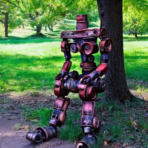 Image similar to rusty robot sitting by a tree, auction catalogue photo