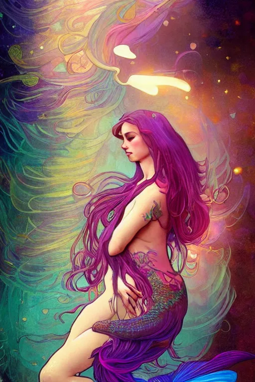 Prompt: a beautiful psychedelic mermaid with a beautiful fin, cinematic lighting, soft bokeh, fantasy, modern, colourful, highly detailed, digital painting, artstation, deviantart, concept art, sharp focus, illustration, by alphonse mucha