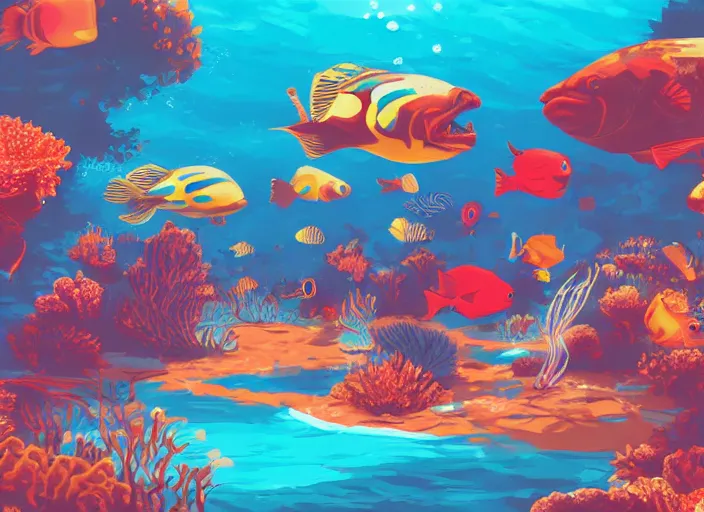 Image similar to An amusement park underwater, warm color palette, digital art