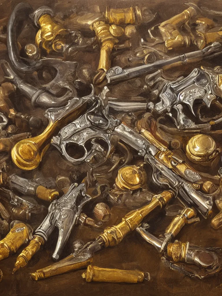 Image similar to oil painting of revolvers and bullets on a wall, ultrarealistic, intricate details, 4k