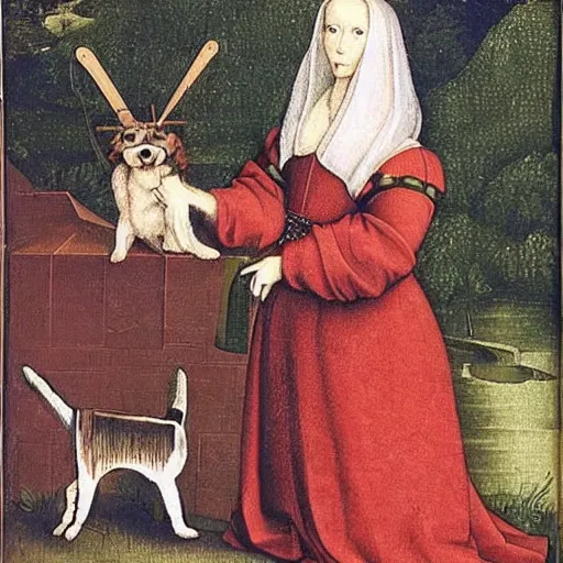 Image similar to a dog in a dress during the Renaissance