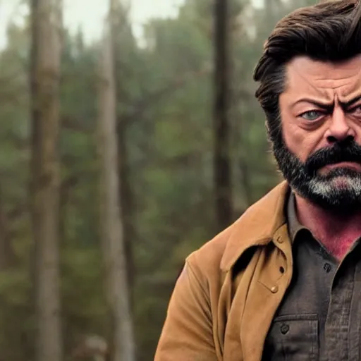 Image similar to logan wolverine as nick offerman, with claws, photorealistic movie still, detailed, 8 k
