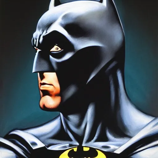 Image similar to ultra - realistic head and shoulders portrait painting of batman with his cowl on. art by frank frazetta. 4 k. ultra - realistic. highly detailed. epic lighting