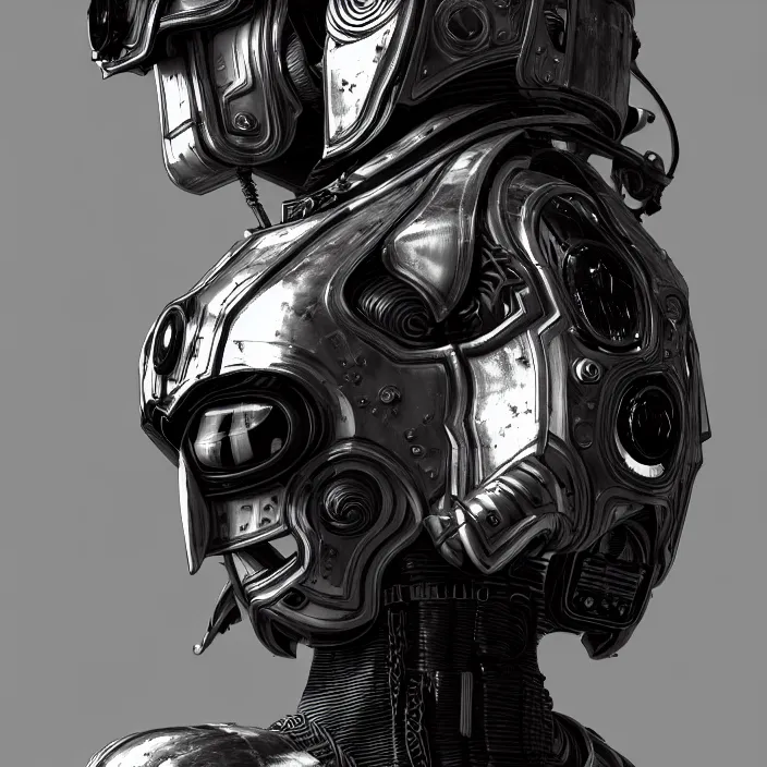 Image similar to a vertical portrait of a character in an spaceship by nihei tsutomu, black and white, dreamy, steampunk bioarmor, highly detailed, 3 d render, vray, octane, realistic lighting